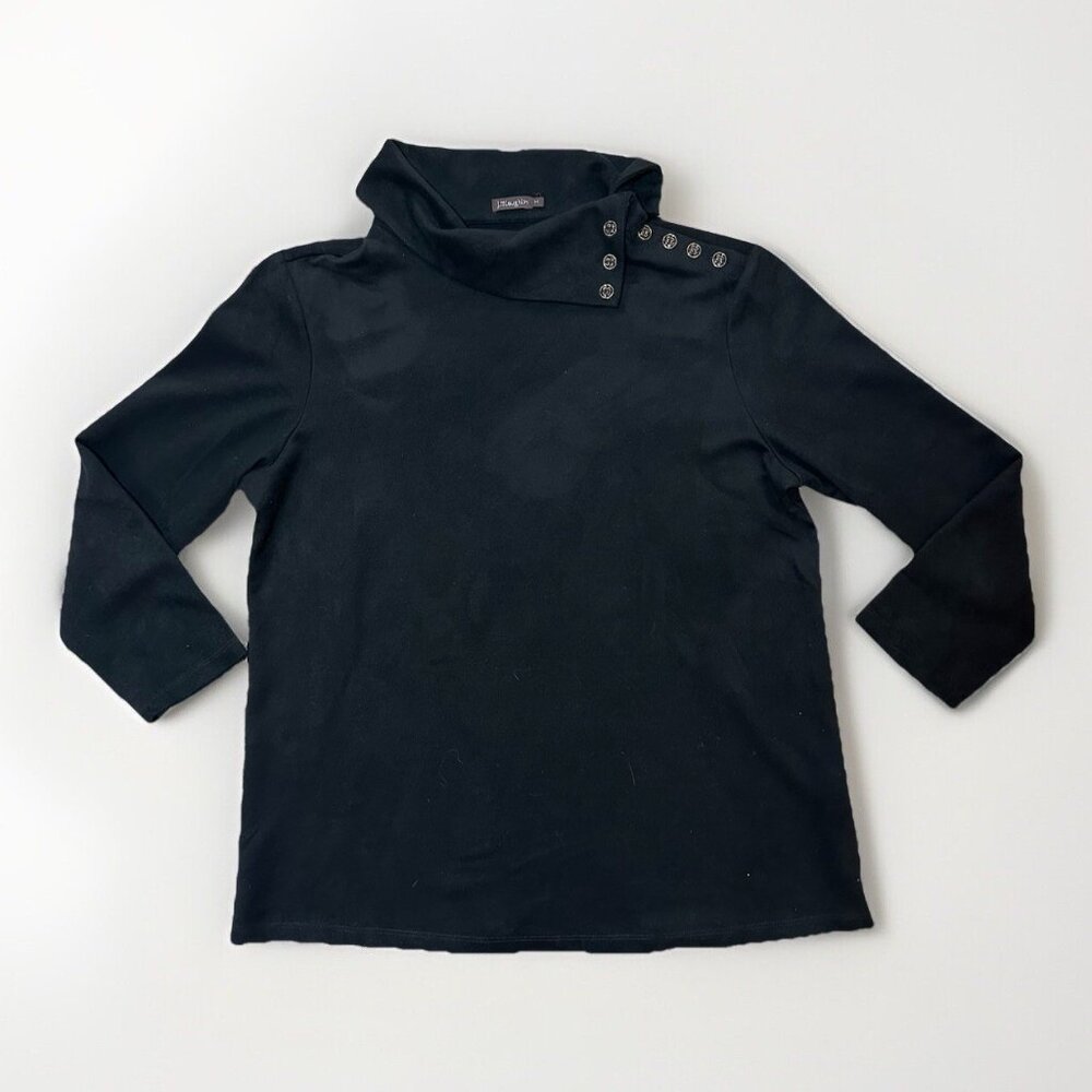 J McLaughlin Women’s Medium Black Faux Suede Long Sleeve Mock Neck Gold Buttons - Picture 5 of 12